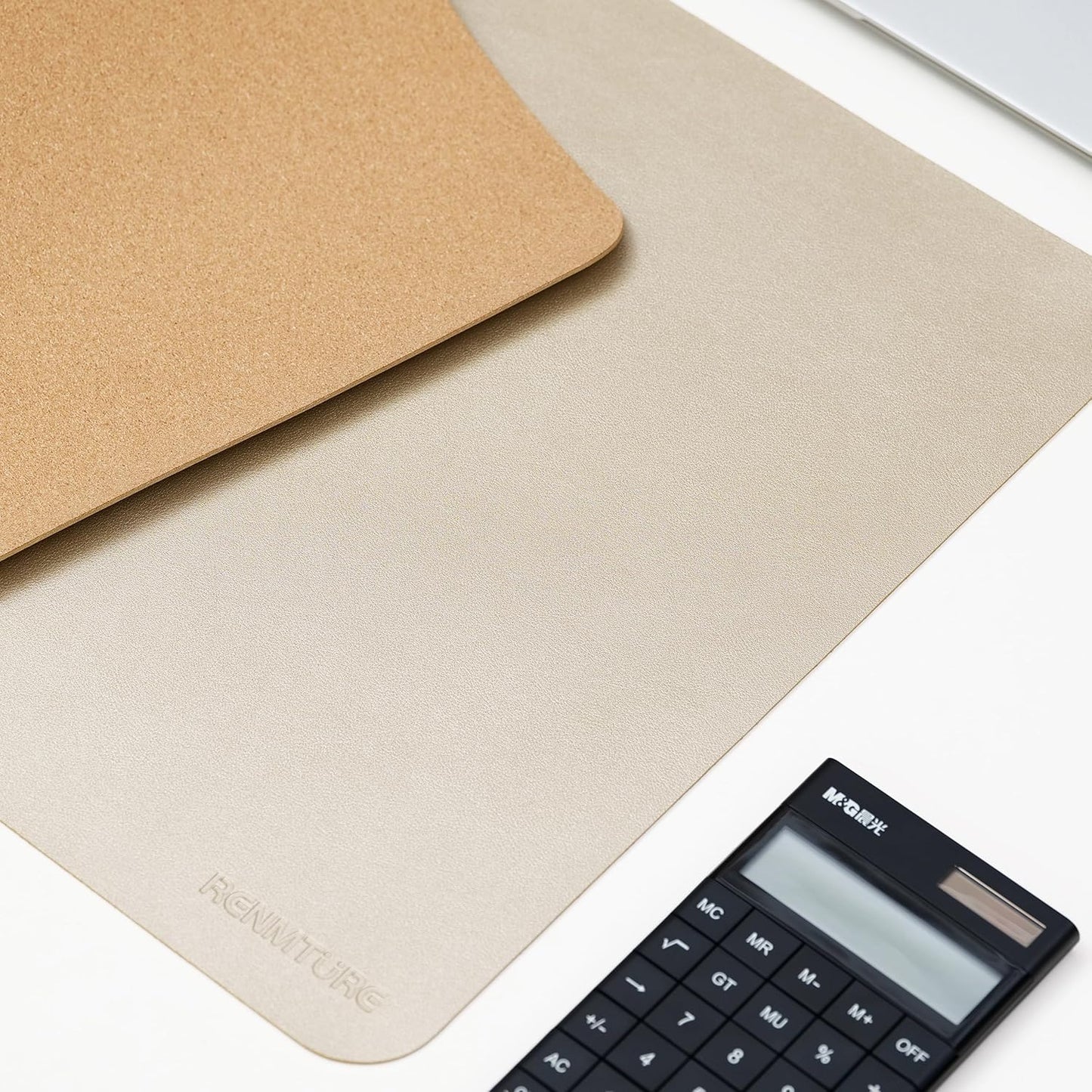 RENMTURE Desk Pad, Cork & PU Leather Desk Mat, Large Mouse pad, Non-Slip Desk Protector and Blotter, Waterproof Writing Pad, Desk Accessories and Organizers for Home Office (Light Yellow, 32"x16")
