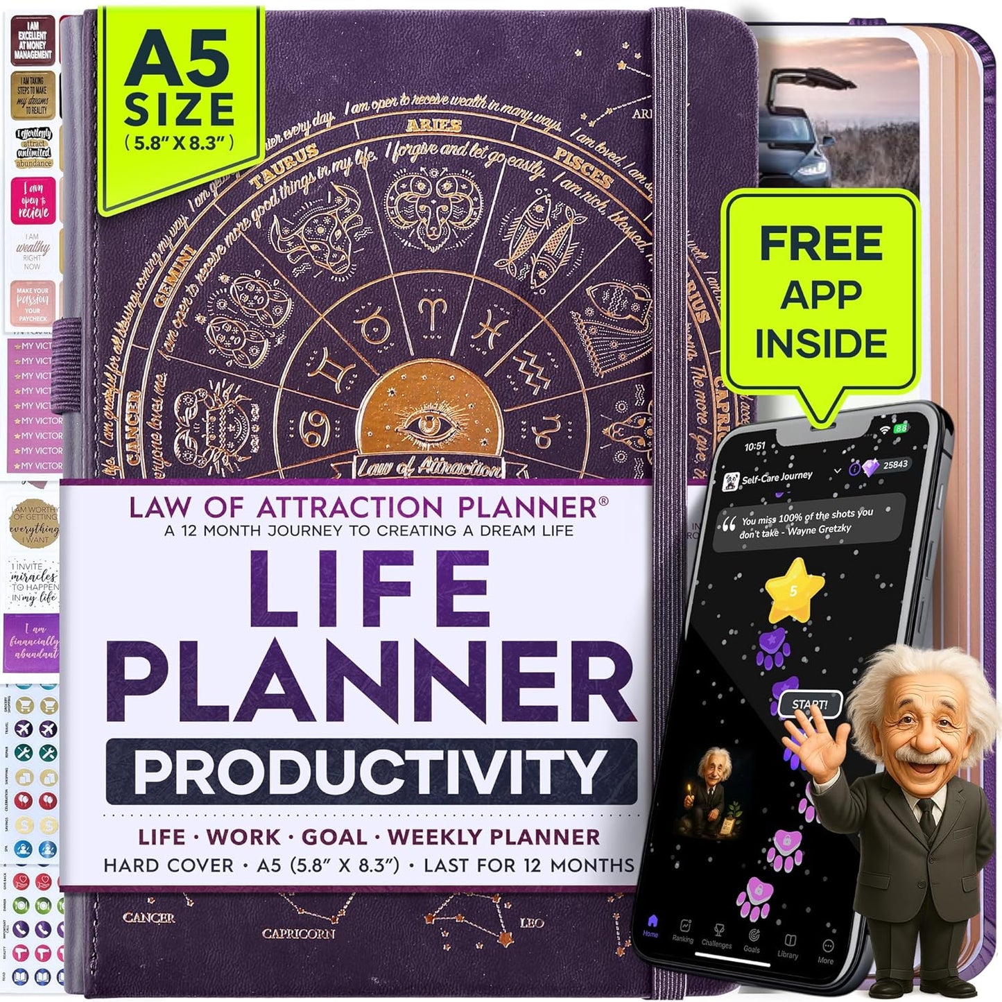 Life Planner - Undated Weekly & Monthly Planner, 12-Month Journey to Increase Productivity | Gratitude Journal, Life Organizer & Goal Journal | Include Foldable Vision Board, Habit Tracker & Stickers
