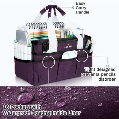 JJRING Craft Organizer Tote Bag for Art Storage, Caddy with Multiple Pockets, Bluish Green Sewing Bag for Scrapbooking, School, Medical, and Office Supplies