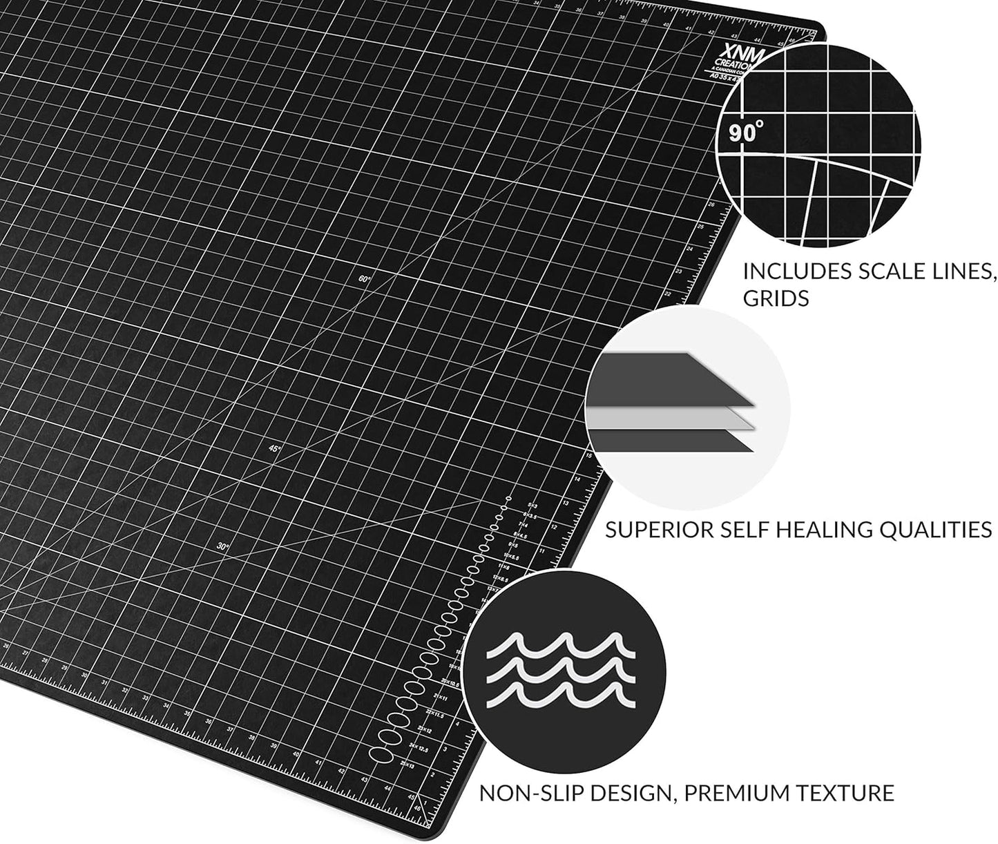 XNM Premium Self Healing Cutting Mat - 18 Inches by 24 inches - A2, 3 Layer Quality PVC Construction - Dual Sided, Imperial and Metric Grid Lines - Perfect for Cutting, Sewing, and Crafts