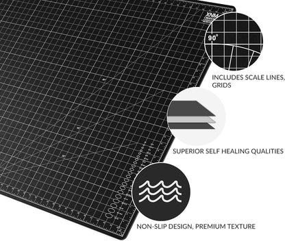 XNM Premium Self Healing Cutting Mat - 18 Inches by 24 inches - A2, 3 Layer Quality PVC Construction - Dual Sided, Imperial and Metric Grid Lines - Perfect for Cutting, Sewing, and Crafts