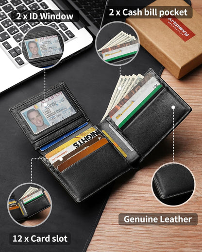 Mens Wallet With AirTag Holder, Bifold Leather RFID Blocking 1-2 ID Windows 12-13 Card Holders, Gift Box and Screen Protector Included, AirTag Not Included