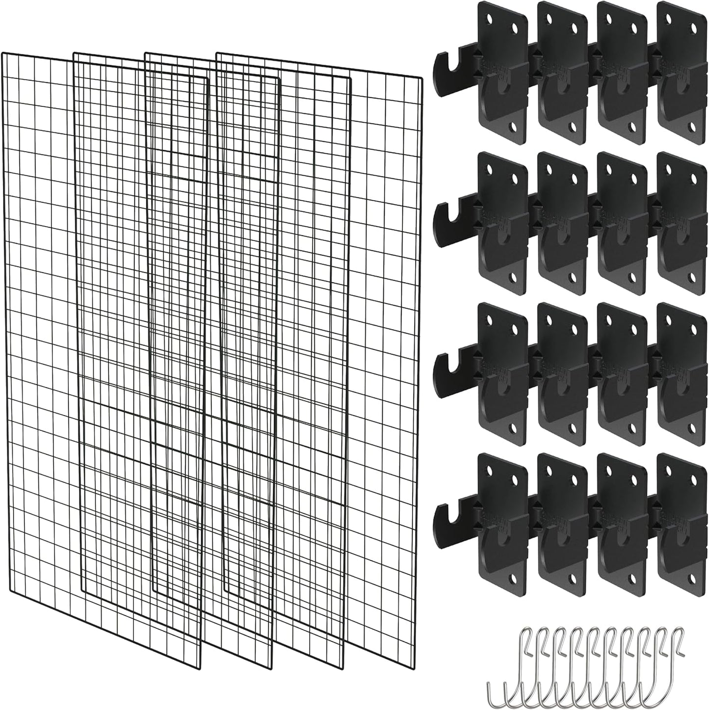 NACETURE Grid Wall Panels- 4 Pcs 2x4 ft Black Grid Wall Panel Display with 16 Gridwall Hooks & 10 S-Hooks, Space Saving Wire Mesh Panels for Retail, Garage, Home & Office Storage