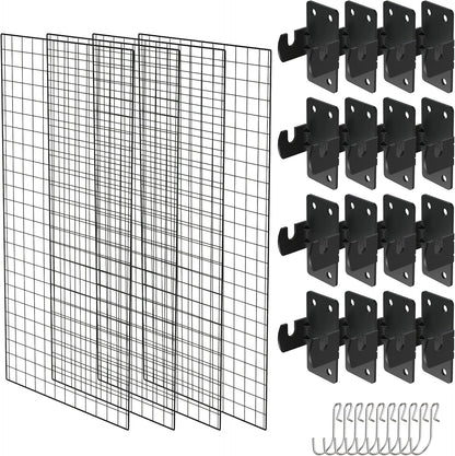 NACETURE Grid Wall Panels- 4 Pcs 2x4 ft Black Grid Wall Panel Display with 16 Gridwall Hooks & 10 S-Hooks, Space Saving Wire Mesh Panels for Retail, Garage, Home & Office Storage