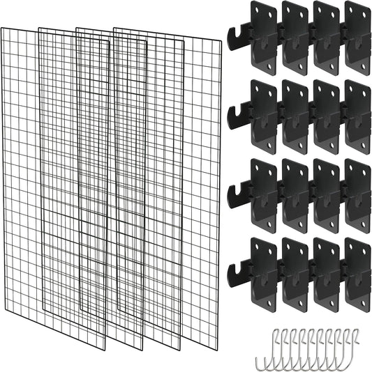 NACETURE Grid Wall Panels- 4 Pcs 2x4 ft Black Grid Wall Panel Display with 16 Gridwall Hooks & 10 S-Hooks, Space Saving Wire Mesh Panels for Retail, Garage, Home & Office Storage