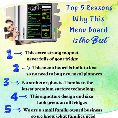 Magnetic Weekly Meal Planner for Fridge – 16” x 12” Dry Erase Menu Board with Grocery List & Notes – Stain-Resistant Whiteboard for Family Meal Planning Includes 3 Magnetic Markers & Eraser