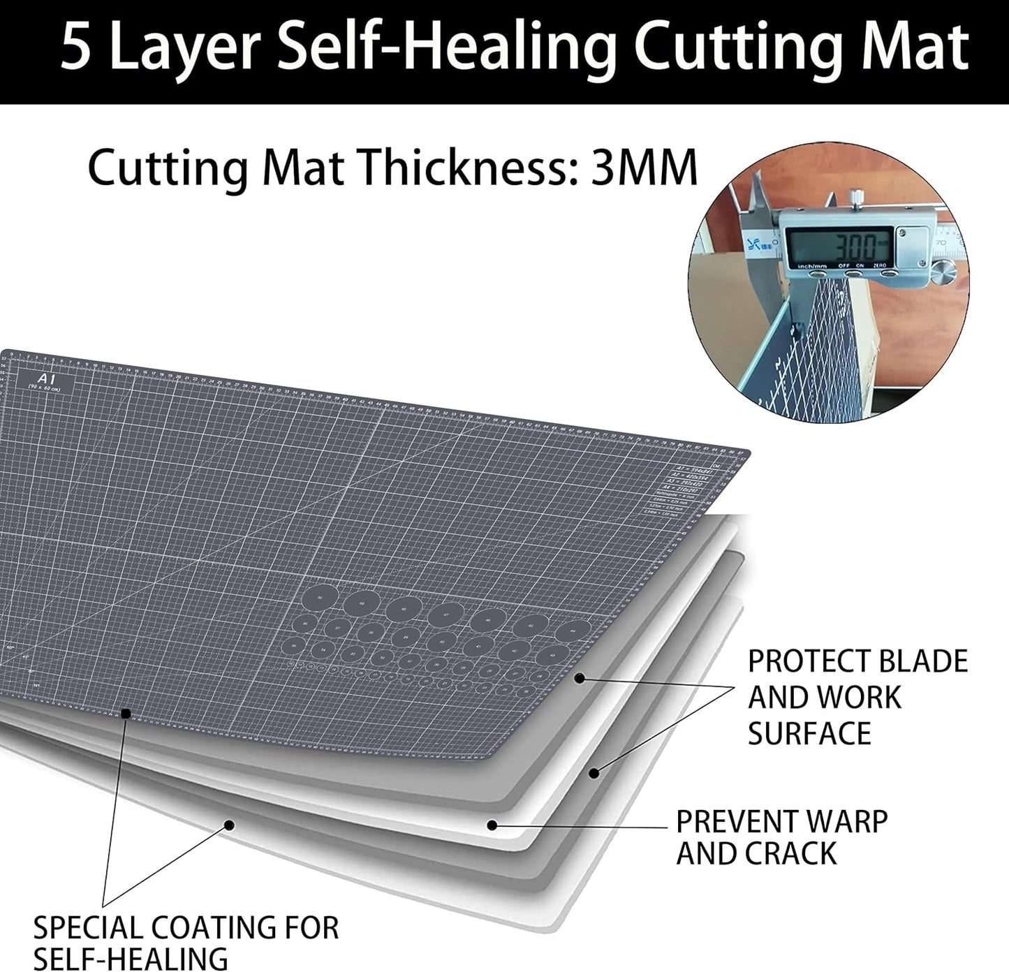 HEADLEY TOOLS 18" x 24" Thickened Self Healing Cutting Mat, A2 Rotary Cutting Sewing Mat for Crafts, Double Sided 5-Ply Table Cutting Board for Fabric Quilting Leather Arts Hobby Project, Grey/Black