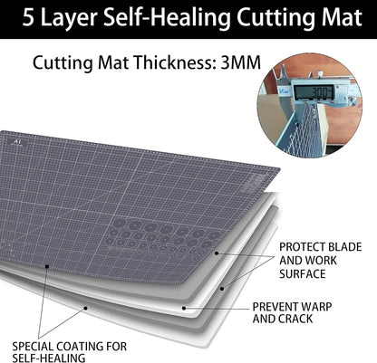 HEADLEY TOOLS 18" x 24" Thickened Self Healing Cutting Mat, A2 Rotary Cutting Sewing Mat for Crafts, Double Sided 5-Ply Table Cutting Board for Fabric Quilting Leather Arts Hobby Project, Grey/Black