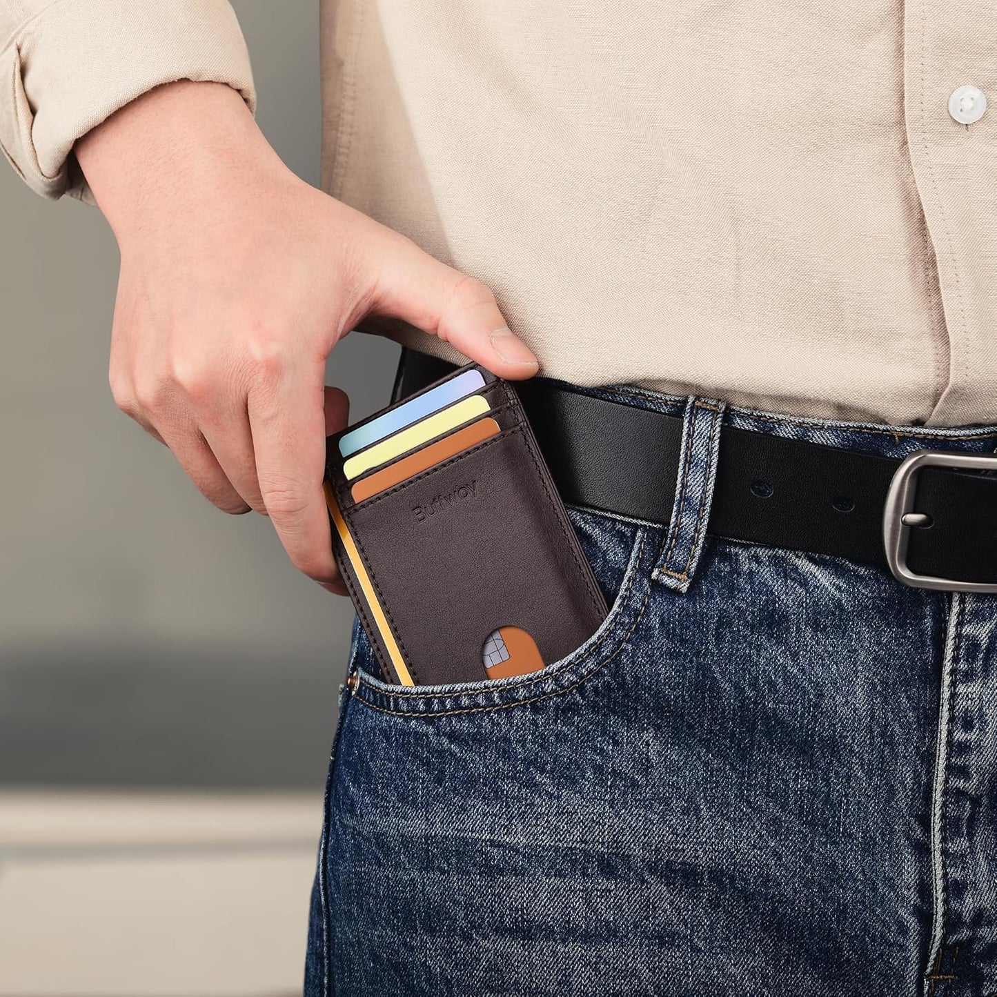 Buffway Slim Minimalist Front Pocket RFID Blocking Leather Wallets for Men and Women - Carbon Fiber Black - Colors A