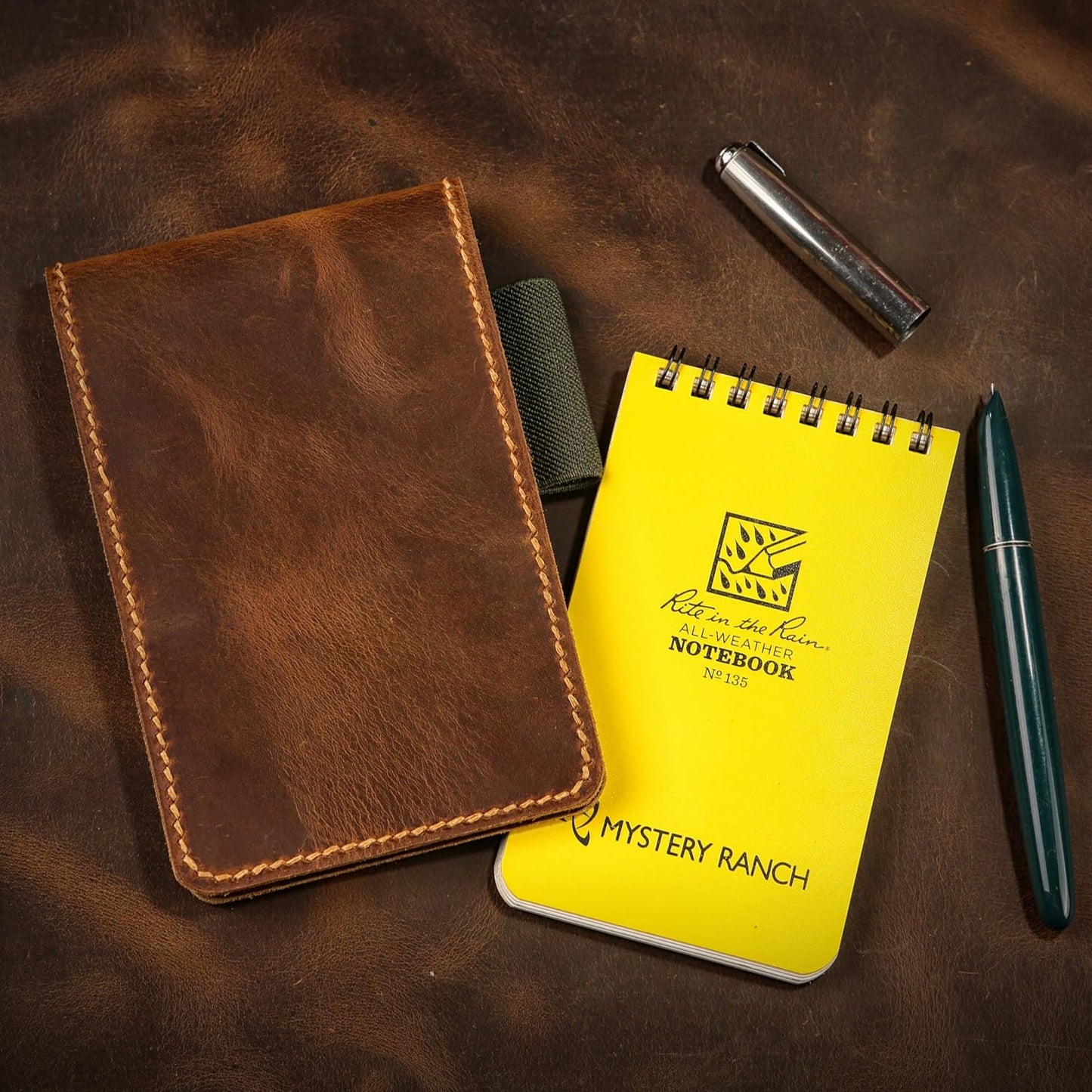 Genuine Leather 3x5 Top-Spiral Notebook Cover, Pocket Notepad Holder Compatible with Rite in the Rain 3" x 5" Memo Pads, Hand-Stitched EDC Case