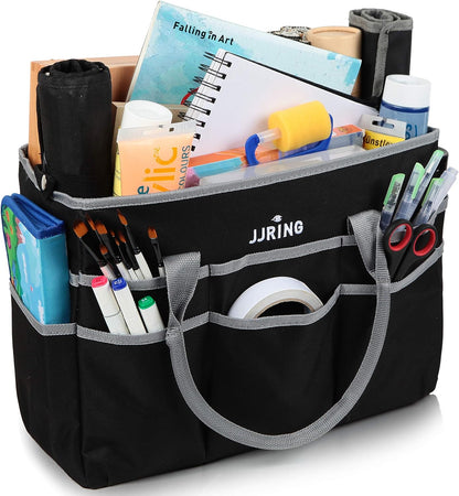 Jjring Craft and Art Organizer Tote Bag - 600D Silver Nylon Fabric Art Caddy with Pockets - for Art, Craft, Sewing, Medical, and Office Supplies Storage
