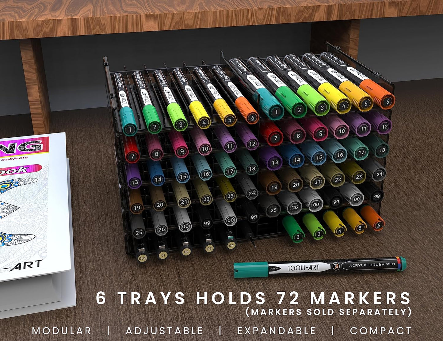 TOOLI-ART 72 Art Marker Storage Tray Desk Organizer Holder, Adjustable Dividers, Modular, Expandable, Stackable, Fit Most Pen, Pencil, Brushes. School, Home, Multi Purpose Tinted Plastic 6 Trays