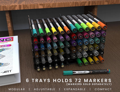 TOOLI-ART 72 Art Marker Storage Tray Desk Organizer Holder, Adjustable Dividers, Modular, Expandable, Stackable, Fit Most Pen, Pencil, Brushes. School, Home, Multi Purpose Tinted Plastic 6 Trays