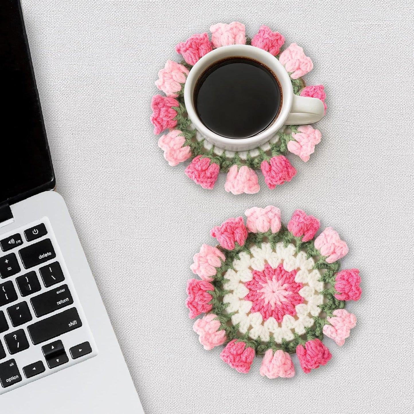 Flower Crochet Coasters, Handmade Bouquet Blanket Coaster with Crochet Plant Pot Fun Soft Decorative Drink Coasters for Coffee Tabletop Protection and Home Decor (Pink, 1Pc)