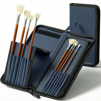 DUGATO Short Paint Brush Holder & Organizer 5.4x10.7 Inches, Blue Canvas Bag for Brushes up to 9.3" Length, Case with 15 Slots, Artist Brush Carrying Case (Brush Not Included)