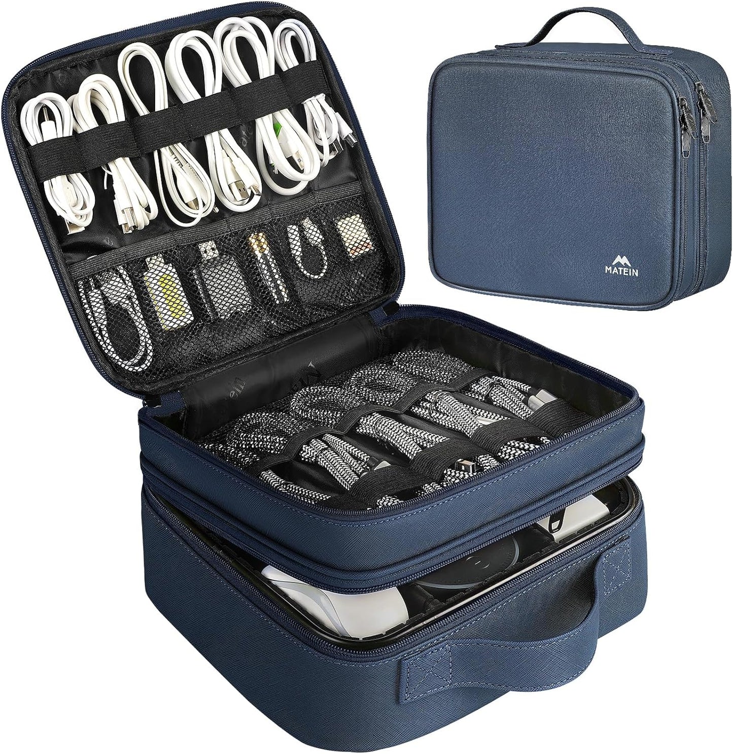 MATEIN Cable Organizer Bag, Waterproof Travel Electronic Storage, Shockproof Portable Double Layer Tech Bags Carrying Case for Cord, Earbuds, Charger, SD Card, DJ Gifts, Black
