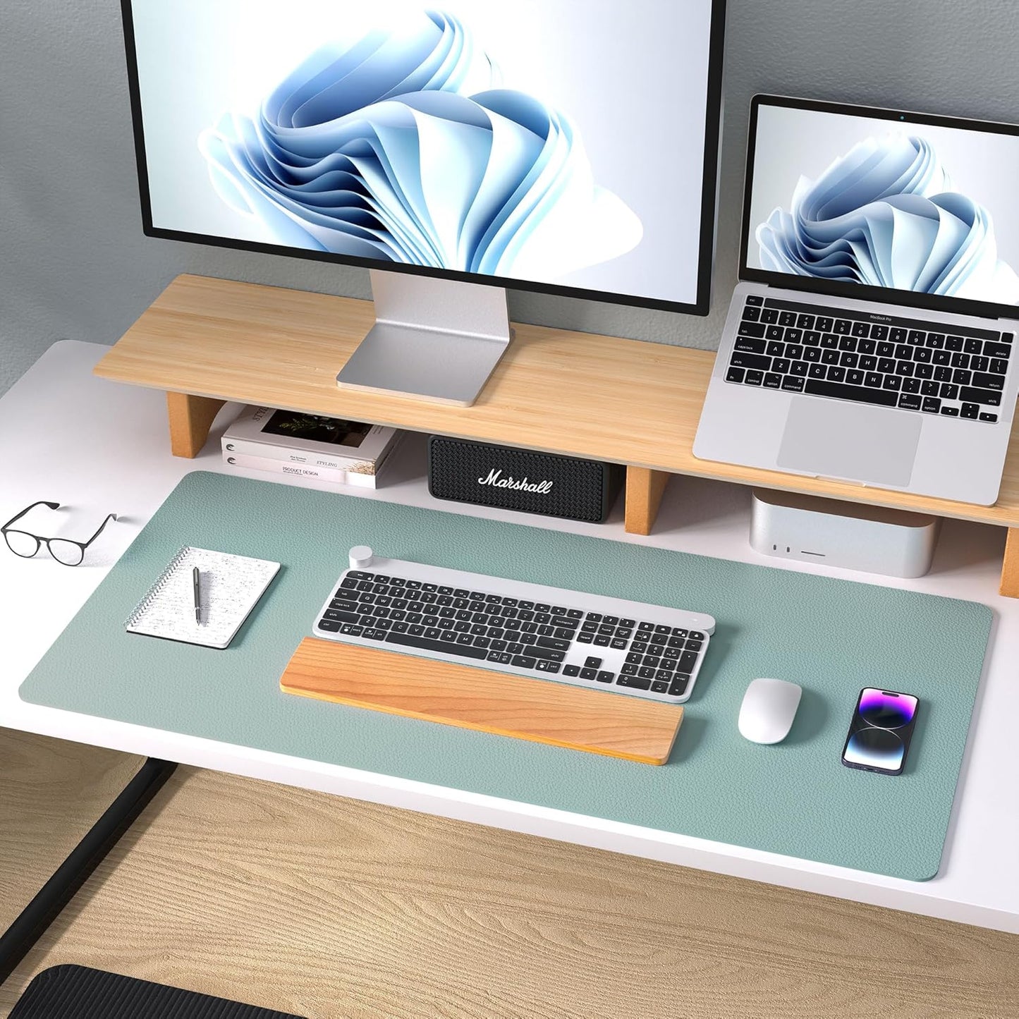 Aothia Leather Desk Pad Protector, Mouse Pad, Office Desk Mat, Non-Slip PU Leather Desk Blotter, Laptop Desk Pad, Waterproof Desk Writing Pad for Office and Home(Dark Blue,31.5" x 15.7") - Colors A
