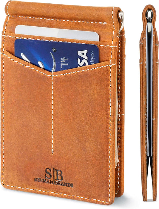 SERMAN BRANDS RFID Blocking Wallet Slim Bifold - Genuine Leather Minimalist Front Pocket Wallets for Men with Money Clip Gift