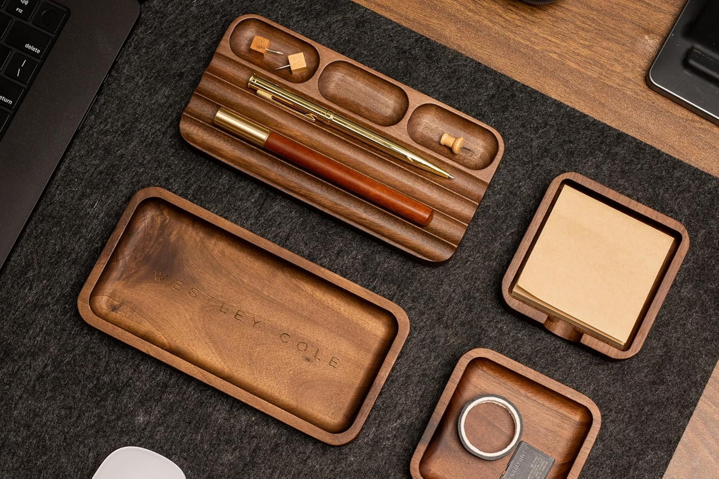 MUUJEE Wooden Desk Pen Pencil Organizer - 7.5 x 3.75 for Work Teacher Dad Wood Pencils Tray Work Minimalist Rustic, Gift for The Man who has it All