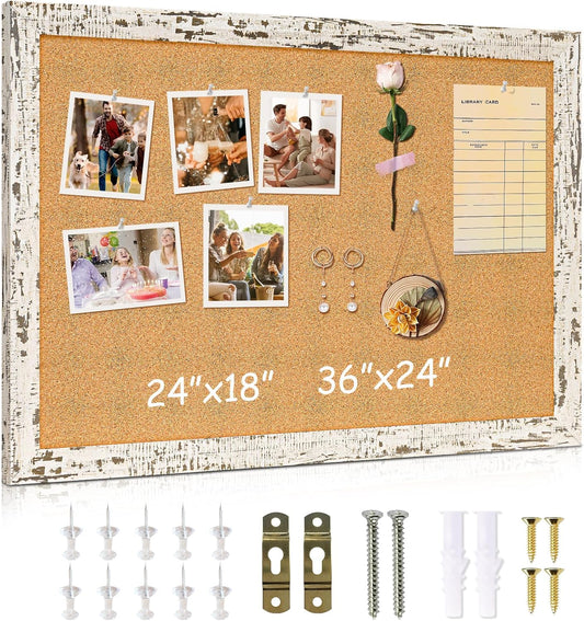 DOLLAR BOSS White Cork Board for Wall - 24 X 18 Inches, Rustic Wooden Frame Bulletin Board, Decorative Hanging Pin Board for Office & Home Decor