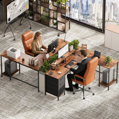 Korfile 59 inch L Shaped Computer Desk with Power Outlets, Home Office Desk with 4 Adjustable Storage Drawers & 2 Monitor Stands, Two Person Gaming Table for Bedroom, Black