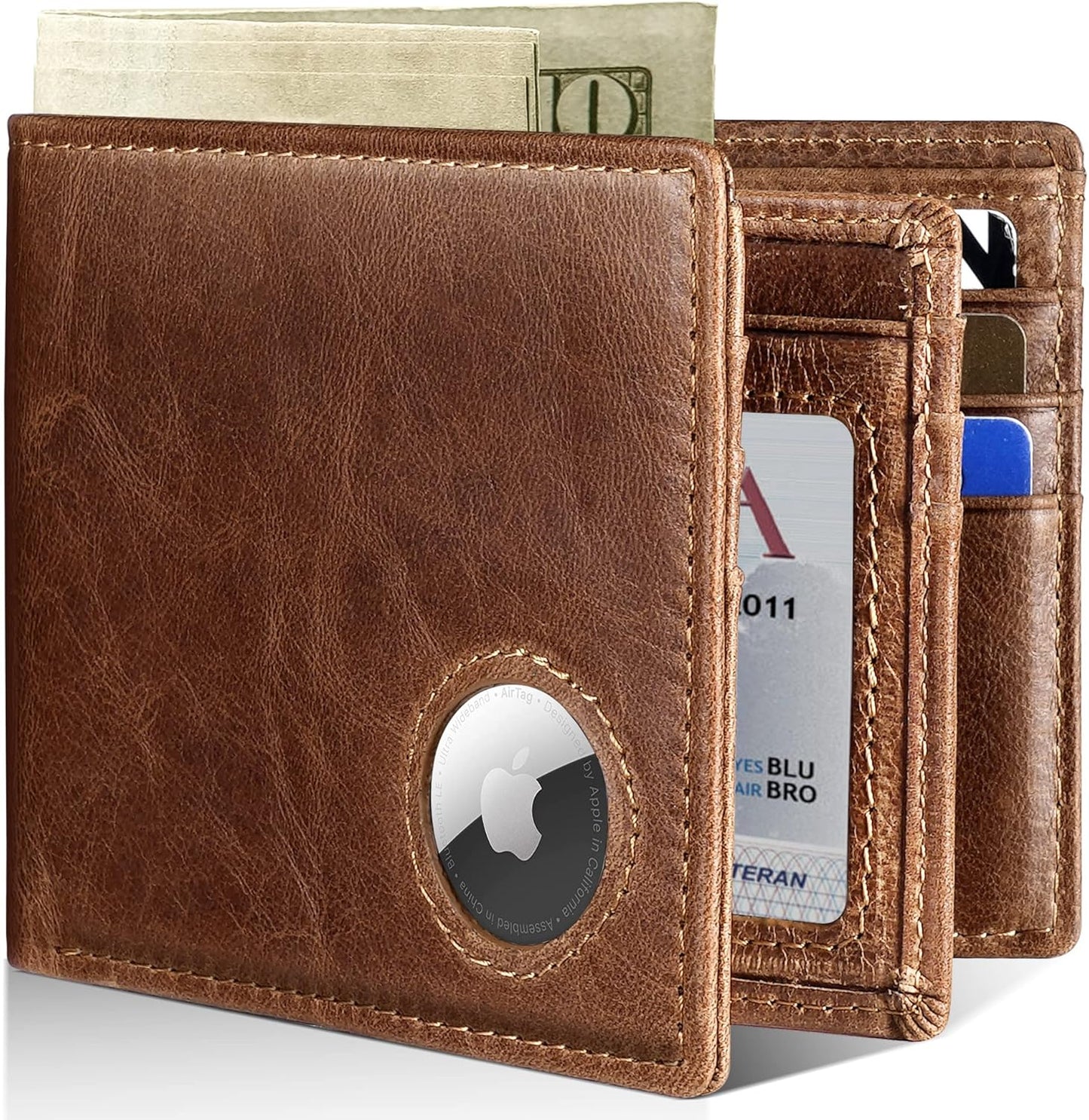 Mens Wallet With AirTag Holder, Bifold Leather RFID Blocking 1-2 ID Windows 12-13 Card Holders, Gift Box and Screen Protector Included, AirTag Not Included