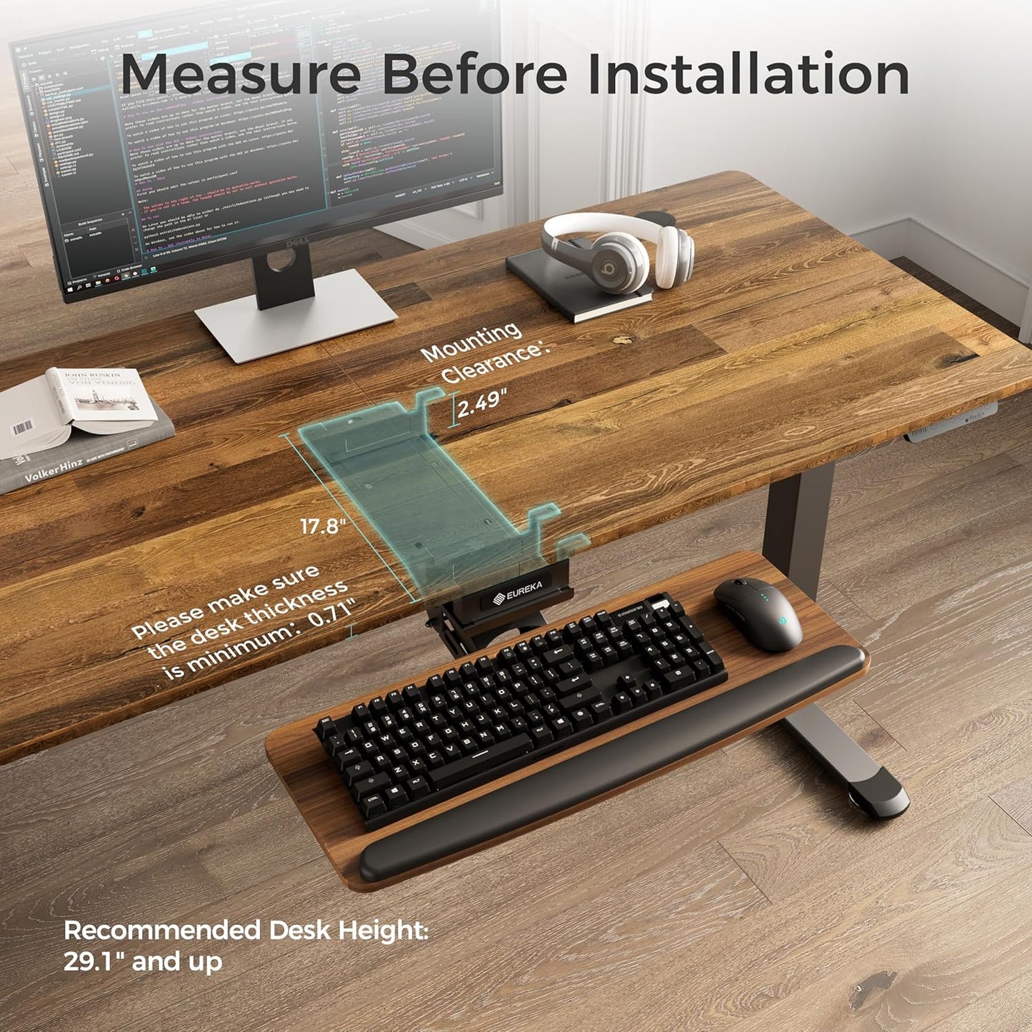 EUREKA ERGONOMIC Height Adjustable Mouse & Keyboard Tray Under Desk, 28x10'' Large Slide Out Swivel Tilt Computer Keyboard Drawer with Pad for Gaming Home Office, Dual Mount