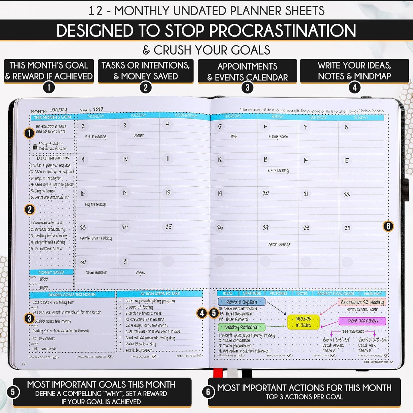 Life Planner - Undated Weekly & Monthly Planner, 12-Month Journey to Increase Productivity | Gratitude Journal, Life Organizer & Goal Journal | Include Foldable Vision Board, Habit Tracker & Stickers