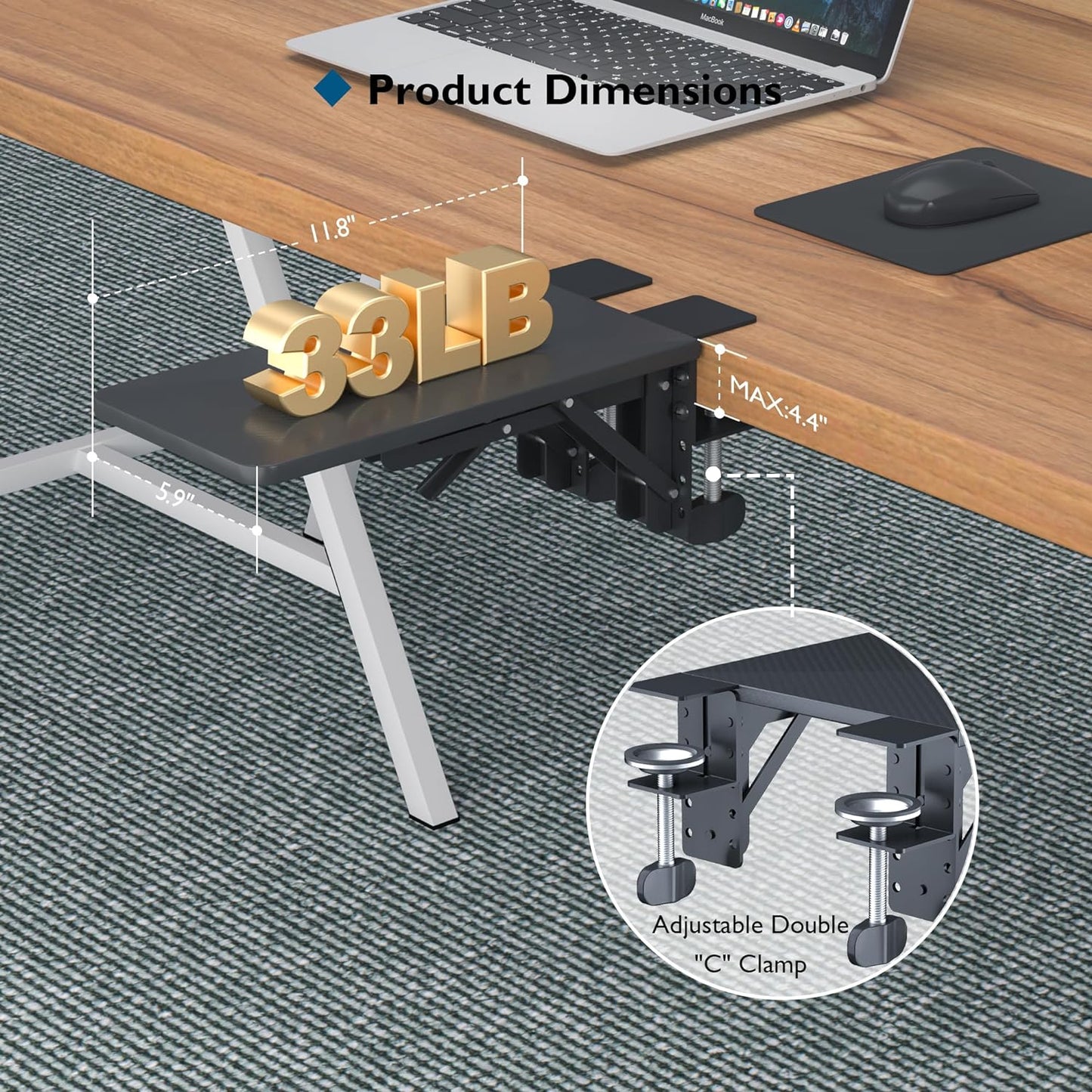 BONTEC Desk Extender Tray, 11.8"x5.9" Table Mount Arm Wrist Rest Shelf, 90°Foldable Elbow Support, Clamp on Computer Arm Rest for Desk, Office & Home Use, Durable & Easy to Install, Black Carbon Fiber