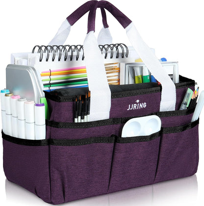 JJRING Craft Organizer Tote Bag for Art Storage, Caddy with Multiple Pockets, Bluish Green Sewing Bag for Scrapbooking, School, Medical, and Office Supplies