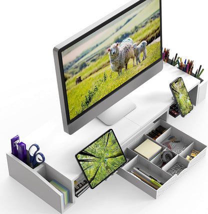 Simple Houseware Desk Dual Monitor Stand Riser with Drawer, Rustic Brown