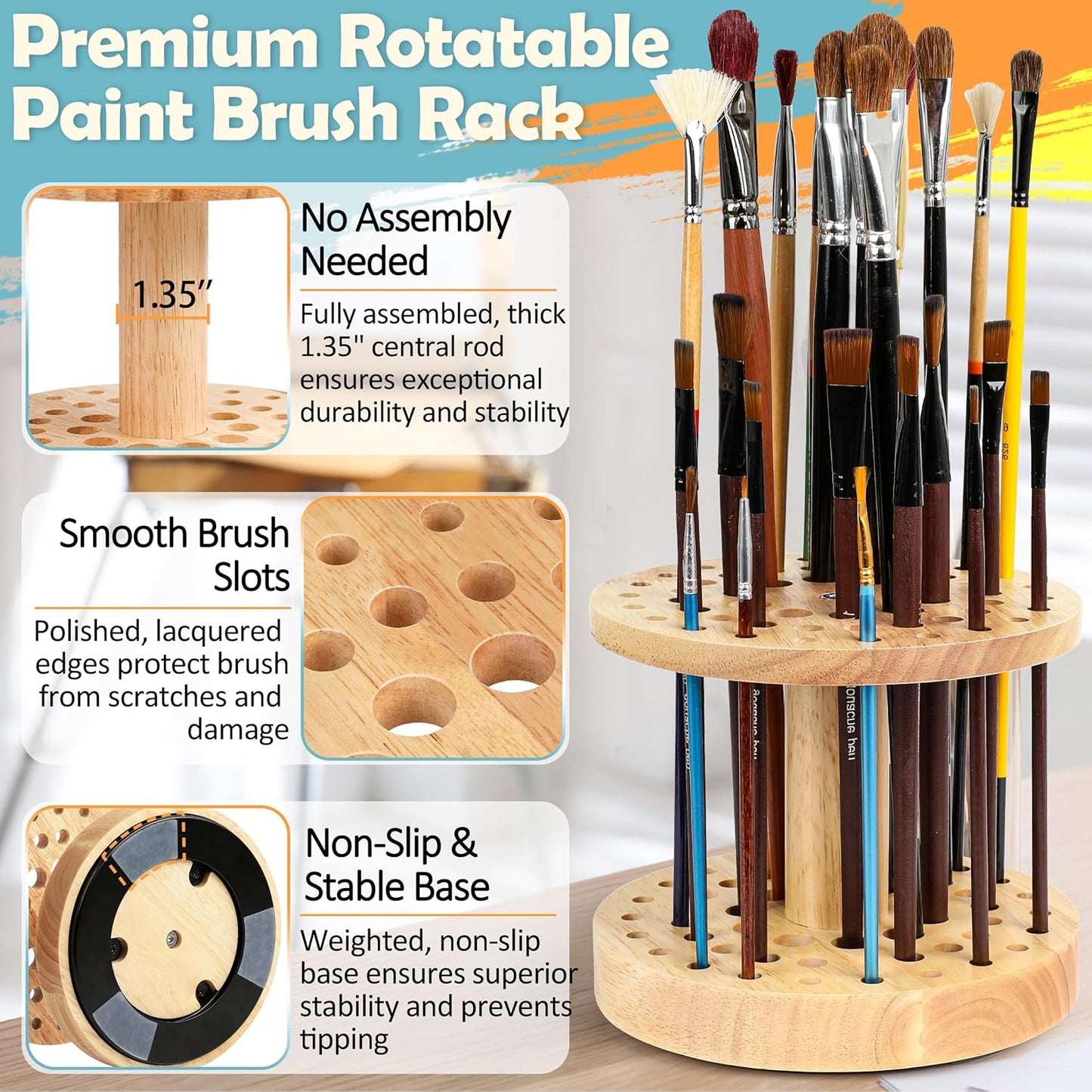 52 Holes Paint Brush Holder, 360° Rotating Paint Brush Organizer, Hardwood Storage Stand Rack for Artists Brushes, Crafts Tools, Makeup Brush, Calligraphy Pens