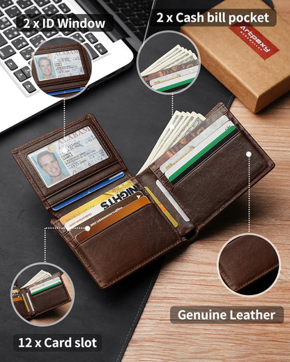 Mens Wallet With AirTag Holder, Bifold Leather RFID Blocking 1-2 ID Windows 12-13 Card Holders, Gift Box and Screen Protector Included, AirTag Not Included