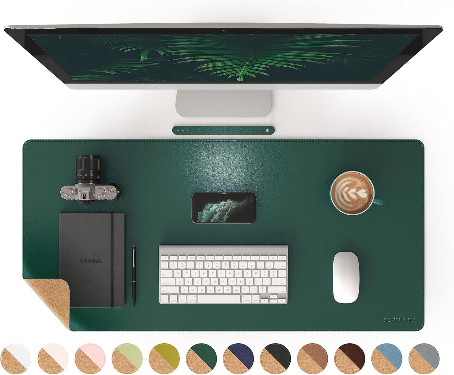 RENMTURE Dual-Sided Mouse Pad, Natural Cork & PU Leather Large Desk Pad for Office and Home Work, Desk Protector Non-Slip, Waterproof, Easy Clean (Olive Green, 32"x16")