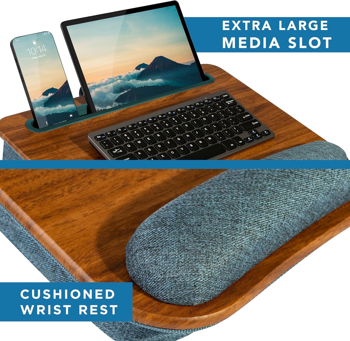 LAPGEAR Portable Laptop Lap Desk with Pillow Cushion, Anti-Slip Strip, Tablet or Phone Storage Slot, Pen and Pencil Pocket, and Wrist Rest - Espresso Woodgrain - Fits 15.6" Laptops - Style No. 91342