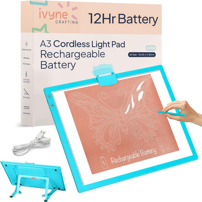 iVyne Rechargeable A3 Light Pad for Diamond Painting - LED Light Board for Weeding & Tracing - Diamond Art Light Pad - Ultra-Thin & Portable - Perfect for Artists & Crafters - Blue