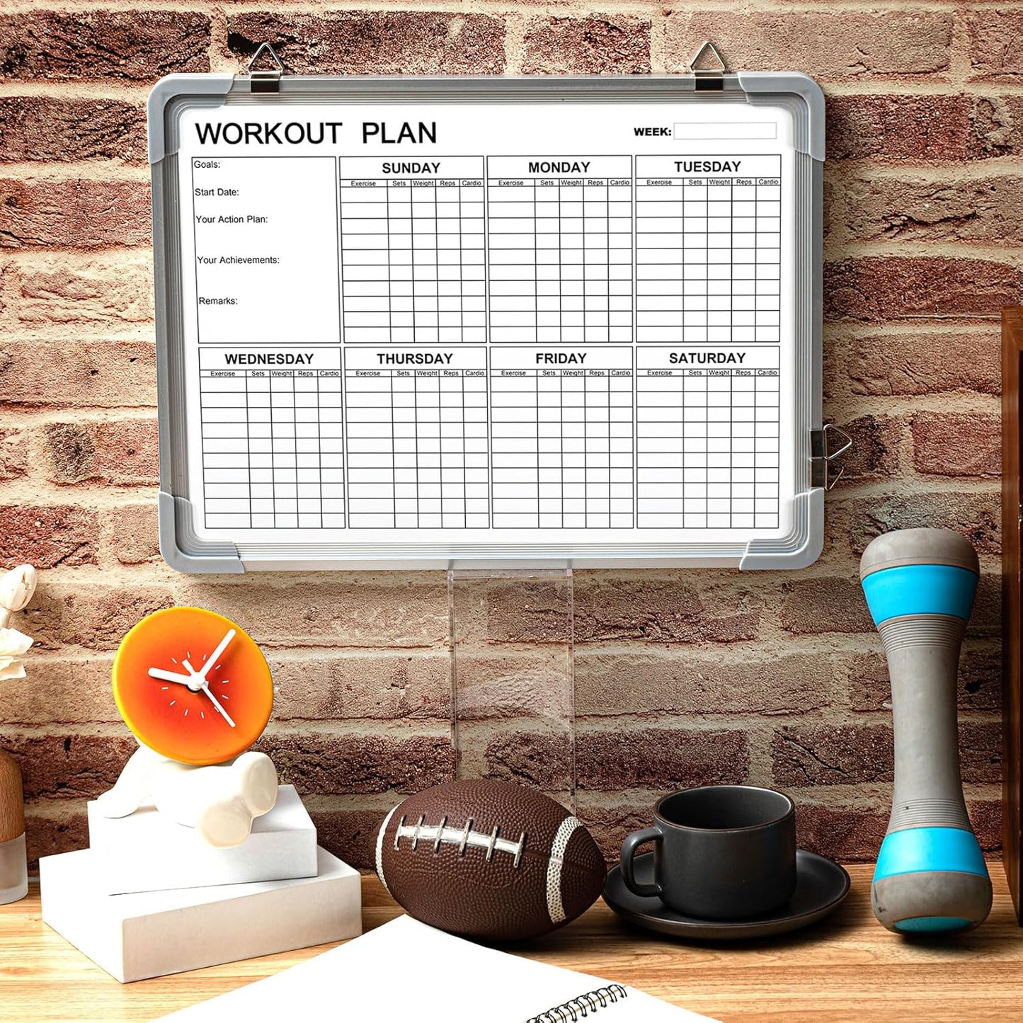 Lincia 16 x 12 Inch Fitness Tracker Whiteboard Workout Calendar for Home Gym Dry Erase Planner Hanging Removable to Do List for Wall Whiteboard with Aluminum Frame for Gym Program(Style A)