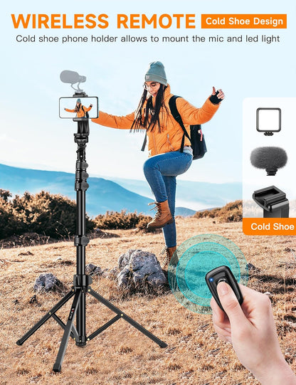Phone Tripod, 86" Tall Tripod for iPhone with Flexible Gooseneck & Remote, Portable Aluminum Cellphone Stand for Selfies, Video Recording,Travel, Compatible with iPhone Android