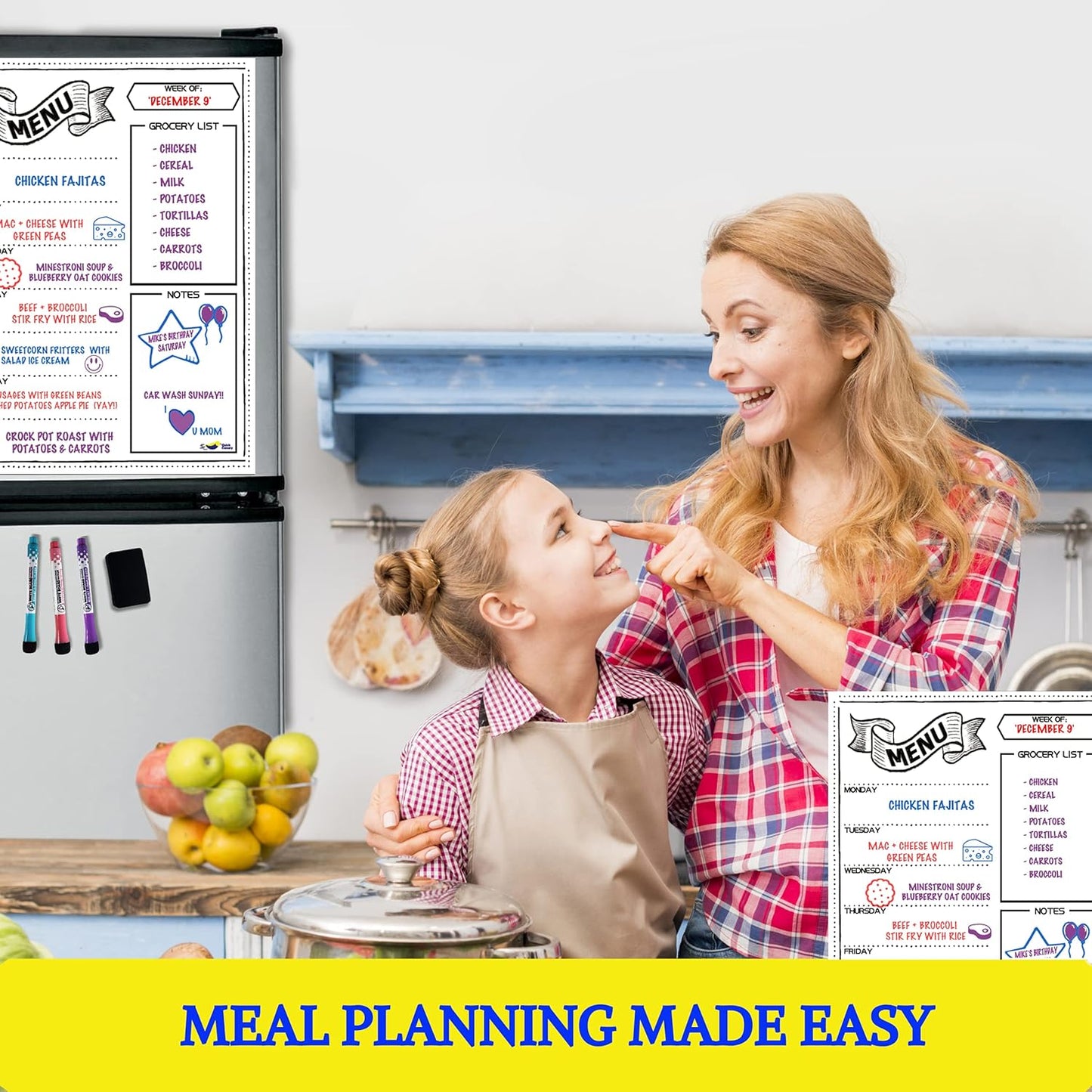 Magnetic Weekly Meal Planner for Fridge – 16” x 12” Dry Erase Menu Board with Grocery List & Notes – Stain-Resistant Whiteboard for Family Meal Planning Includes 3 Magnetic Markers & Eraser