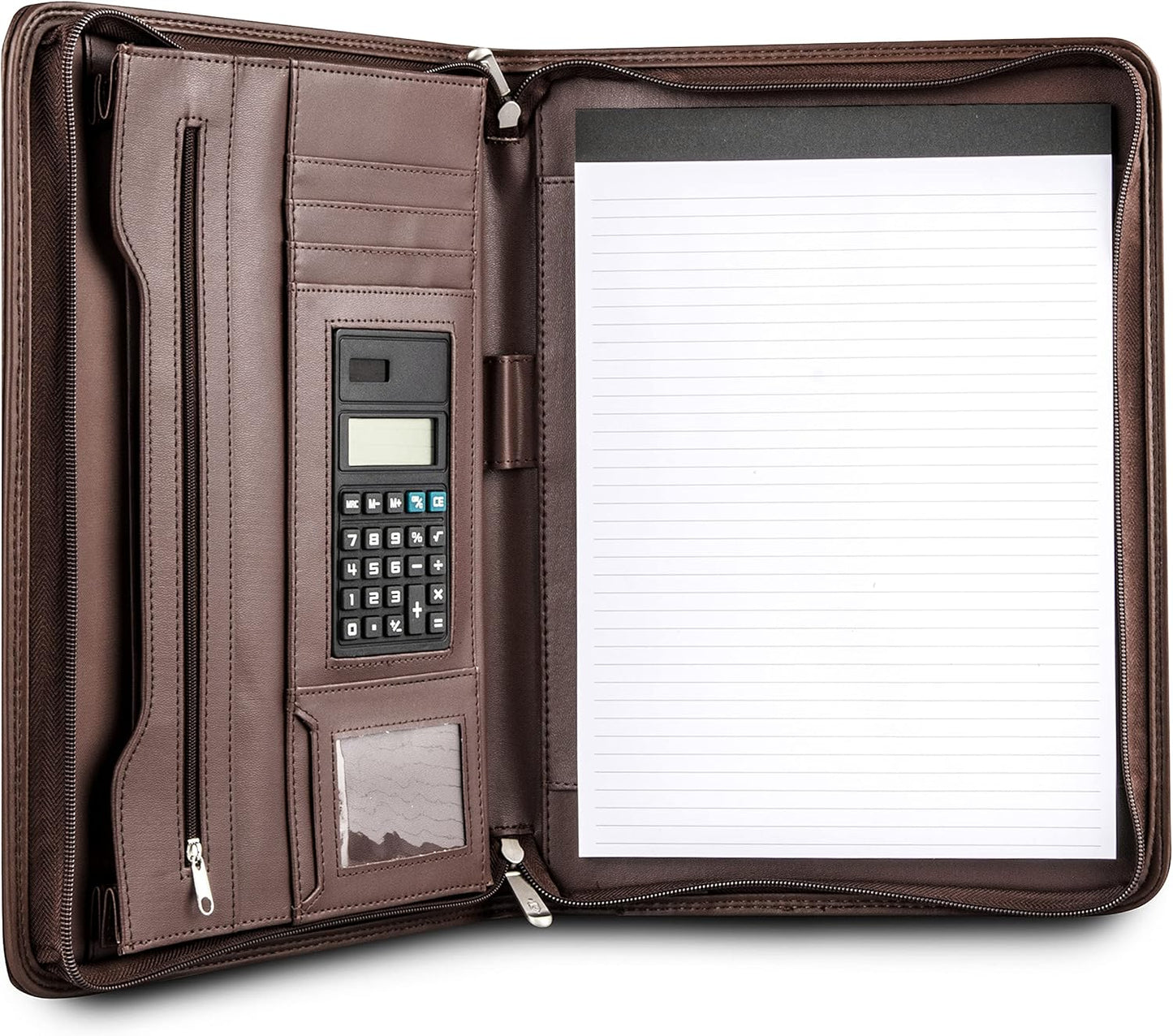 Cossini Black Superior Vegan Leather Business Portfolio with Zipper – Padfolio All-in-One. Smartest Protective 10.1 Inch Tablet Sleeve, Presentation Slot, Solar Calculator, Card Storage, Writing Pad