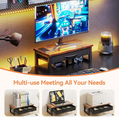 Computer Monitor Stand Riser, Desk Organizers and Accessories with Drawer, 2-Tier Laptop Stand for Desk, Office Organizer Storage, Wood