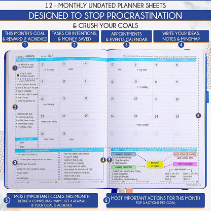 Life Planner - Undated Weekly & Monthly Planner, 12-Month Journey to Increase Productivity | Gratitude Journal, Life Organizer & Goal Journal | Include Foldable Vision Board, Habit Tracker & Stickers