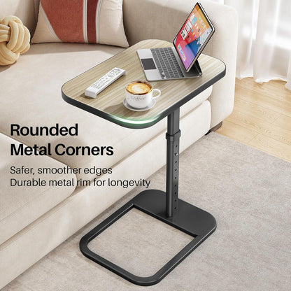 Kitstorack TV Tray Table, Adjustable Height & Flip-Top & Rounded Metal Corners, Snack Table for Couch, Sofa, Bed, Chair, Living Room, C Shaped End Side Table for Eating, Dinner or Laptop, Small Spaces
