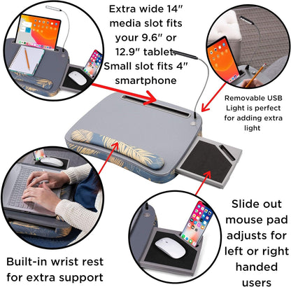 BIRDROCK HOME Deluxe Lap Desk with Memory Foam Cushion, USB Light & Dual Mouse Pads | Fits 15" Laptops, 9.6" Tablets, Phones | Portable Workstation for Teens & Adults | Tropical Grey Pattern