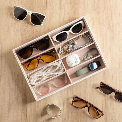 Frebeauty Sunglass Organizer,PU Leather Glasses Organizer,8-Slot Sunglasses Tray,Men's/Women's Sunglasses Box,Sunglass Case,13.3 x 9.6 x 1.5 Inches,Eyeglass/Eyewear Display Tray(Grey)