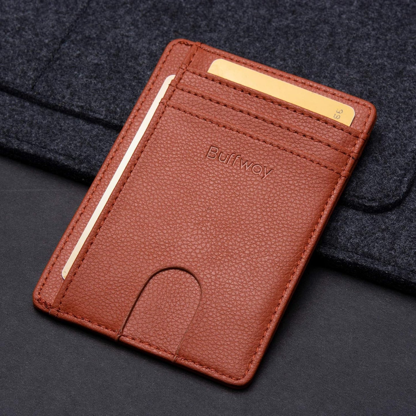 Buffway Slim Minimalist Front Pocket RFID Blocking Leather Wallets for Men and Women - Carbon Fiber Black - Colors B