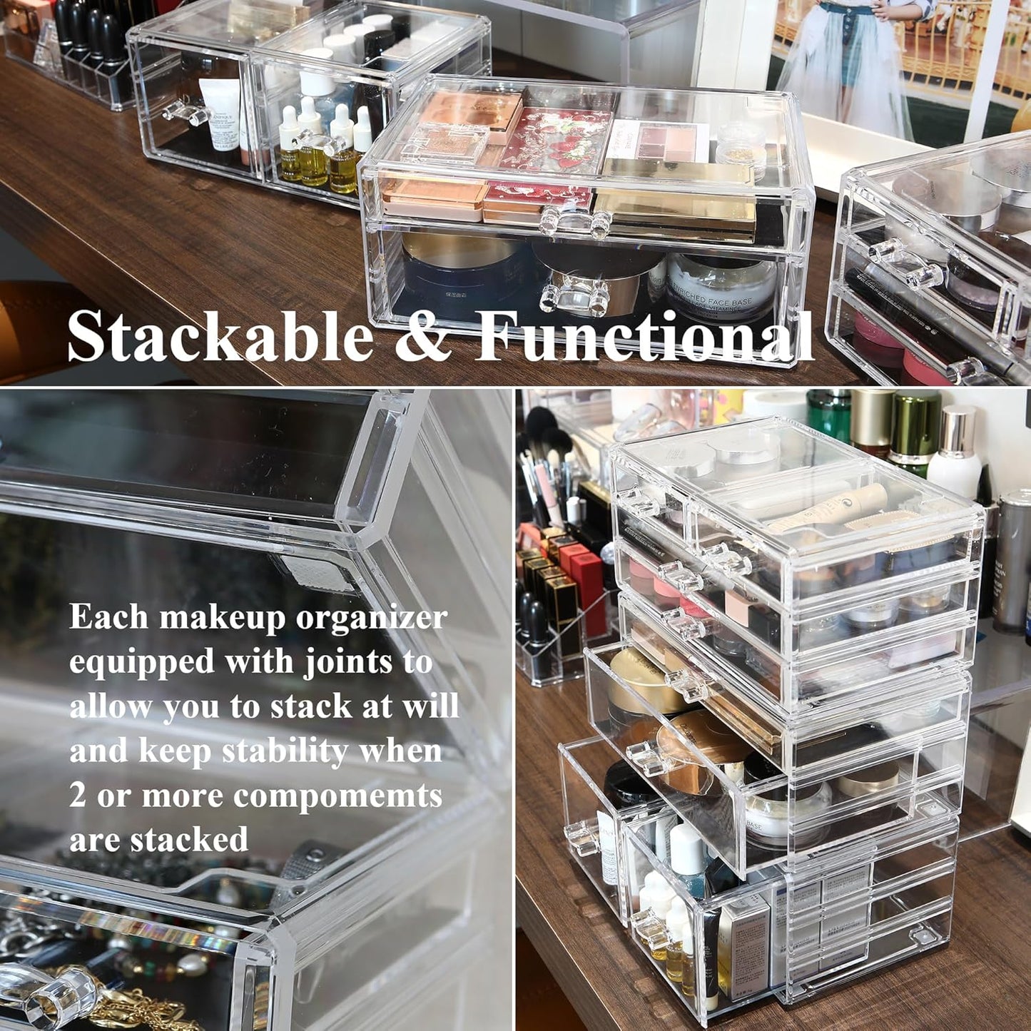 Sea Team Clear Makeup Organizer with Drawers, Acrylic Plastic Cosmetic Display Case, Jewelry Storage Box, Holder for Dresser, Bathroom, Vanity, Countertop (3 Middle Drawers)