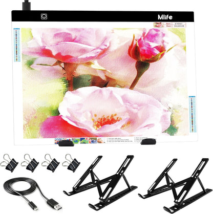 Mlife A2 LED Light Pad for Diamond Painting Kits, Diamond Art Light Board, USB Powered Tracing Light Board Diamond Art Accessories for Drawing, Sketching, Animation with Stand & 4 Fasten Clips