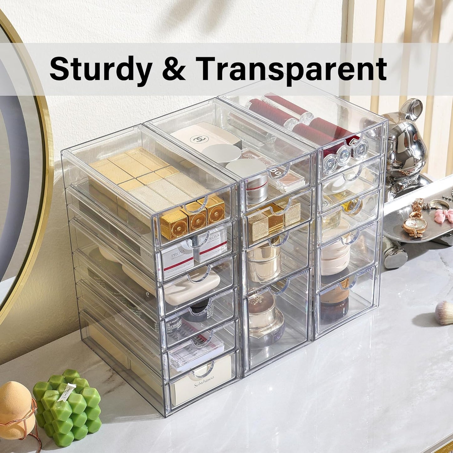 Prsildan Acrylic Drawer Makeup Organizer with 6 Drawers (Not for Baby Bottle), Set of 2 Office Desk Organizers Accessories, Clear Stackable Storage Drawers for Vanity, Craft (Largest Drawer 4" Tall)