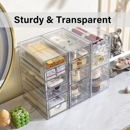 Prsildan Acrylic Drawer Makeup Organizer with 6 Drawers (Not for Baby Bottle), Set of 2 Office Desk Organizers Accessories, Clear Stackable Storage Drawers for Vanity, Craft (Largest Drawer 4" Tall)